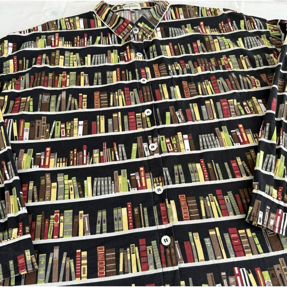 Vtg Signals Women's XL Bookshelf Books Long Sleeve Button Shirt Library Teacher - Picture 3 of 11